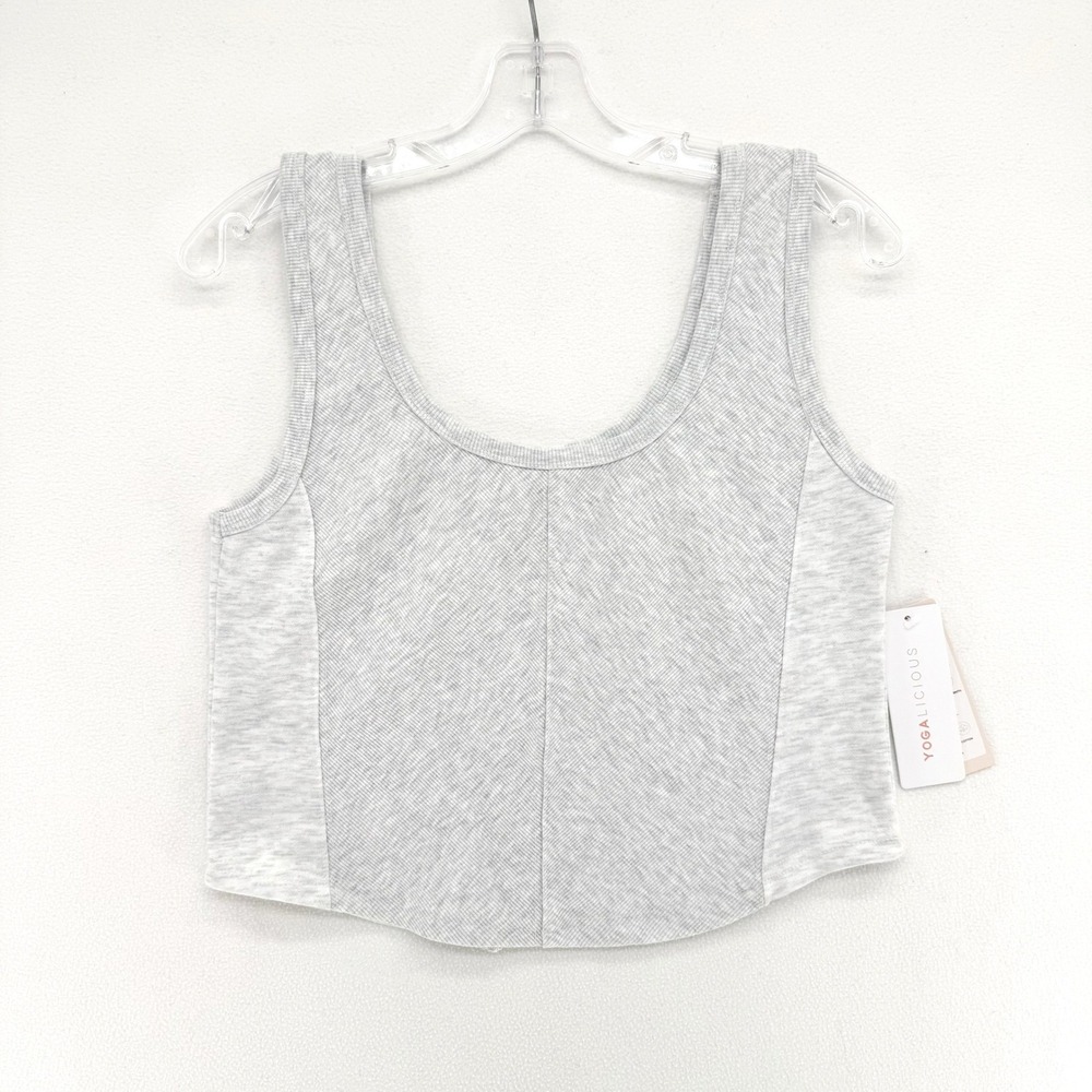 Yogalicious Somers Corset Tank Womens L Gray Baby Terry Cropped Scoop Neck NWT